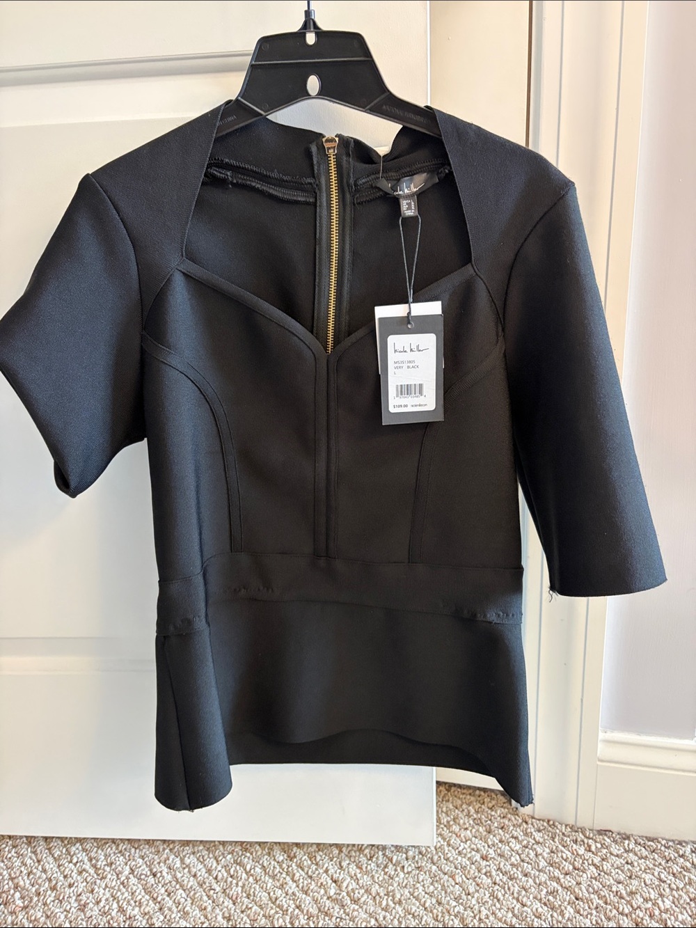 Nicole Miller Black Structured Short-Sleeve Bodysuit with Gold Zip